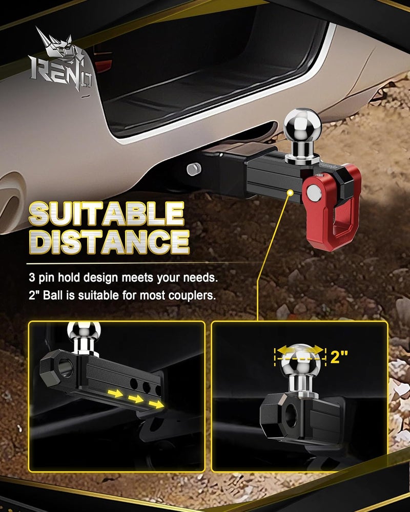 Reno Trailer Hitch, Aluminum Tow Hitch Compatible with 2 inch Receiver Hitch with 2" Ball Mount Fits 3/4" D-Ring Shackle or Soft Shackle - 6,000 LBS GTW (1 Pack, Red) - Image 2